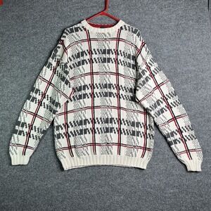 Chaps Ralph Lauren Hand Knit‎ Sweater Men's XL Striped Geometric White Red